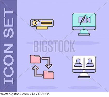 Set Video Chat Conference, Web Camera, Cloud Storage Document Folder And Off Computer Icon. Vector