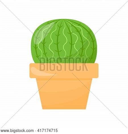 Cactus In A Pot. A Green Succulent. Flat Cartoon Illustration Isolated On A White Background