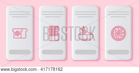 Set Line Bread Toast, Chocolate Bar, Rice In Bowl With Chopstick And Pizza. White Rectangle Button. 