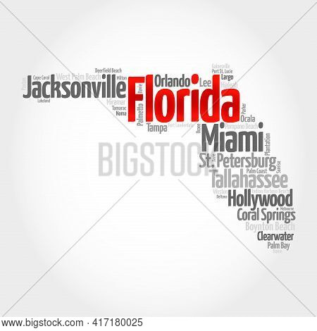 List Of Cities In Florida Usa State, Map Silhouette Word Cloud Map Concept
