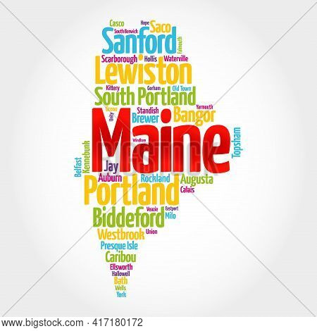 List Of Cities And Towns In Maine Usa State, Map Silhouette Word Cloud Map Concept Background