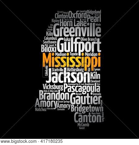 List Of Cities In Mississippi Usa State, Map Silhouette Word Cloud Map Concept Background