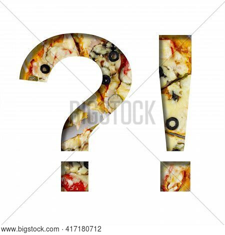Fonts On Pizza Texture. Exclamation And Question Marks, Cut Out Of Paper On A Background Of Real Piz