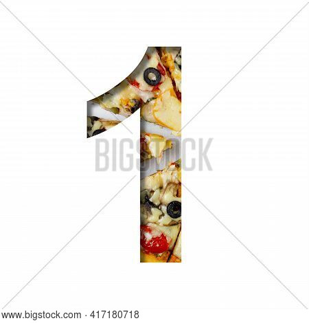 Fonts On Pizza Texture. Digit One, 1, Cut Out Of Paper On A Background Of Real Pizza. Volumetric Whi