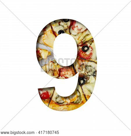 Fonts On Pizza Texture. Digit Nine, 9, Cut Out Of Paper On A Background Of Real Pizza. Volumetric Wh