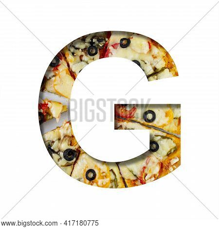 Font On Pizza Texture. Letter G, Cut Out Of Paper On A Background Of Real Mediterranean Pizza. Volum