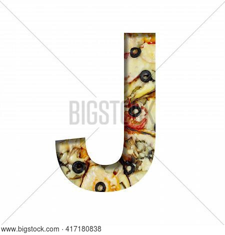 Font On Pizza Texture. Letter J, Cut Out Of Paper On A Background Of Real Mediterranean Pizza. Volum