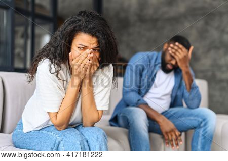 Young Biracial Couple Relation Problem Concept, African Woman Feeling Sad And Crying After Have An A
