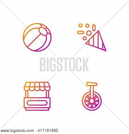 Set Line Unicycle Or One Wheel Bicycle, Fast Street Food Cart, Beach Ball And Festive Confetti. Grad