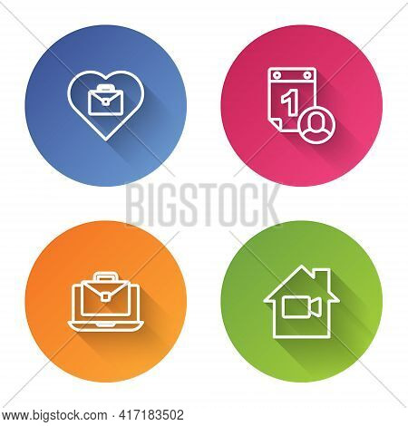 Set Line Heart With Text Work, Time Management, Online Working And Video Camera Off Home. Color Circ