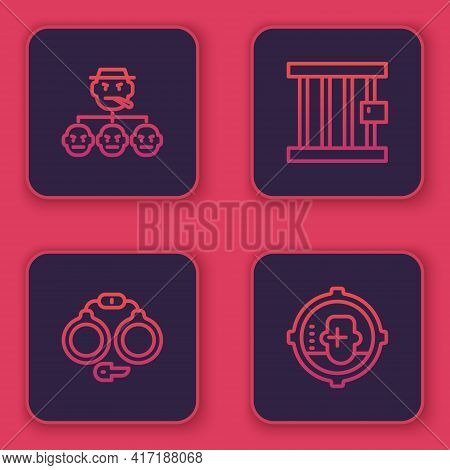 Set Line Mafia, Handcuffs, Prison Window And Headshot. Blue Square Button. Vector