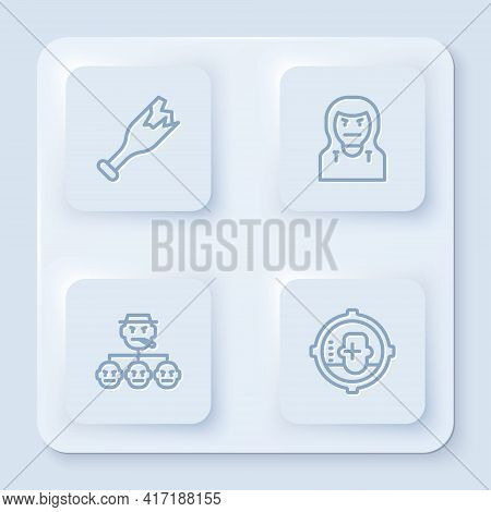 Set Line Broken Bottle As Weapon, Thief Mask, Mafia And Headshot. White Square Button. Vector
