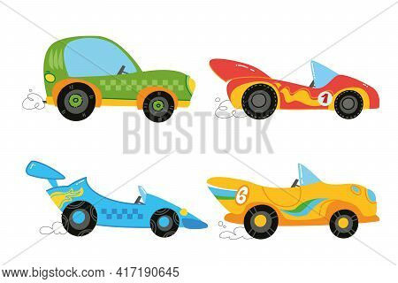 Vector Modern Cartoon Racing Cars Set. Yellow, Green, Red, Blue. Auto Kids Funny And Cute Logo. Boy 
