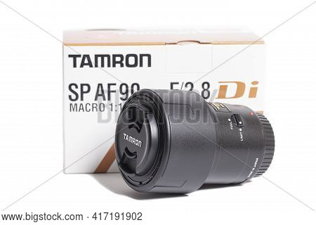 Moscow, Russia April 16, 2021 Tamron Sp Af 90mm F 2.8 Camera Photo Lens With Box