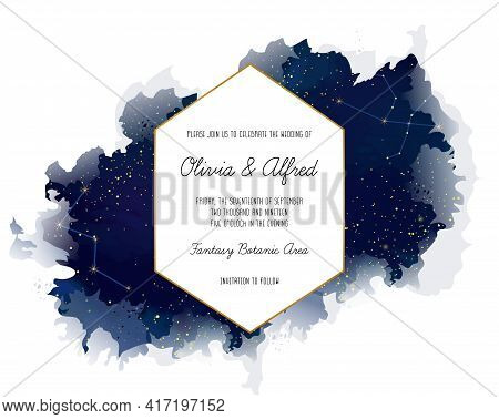Magic Night Dark Blue Card With Sparkling Glitter Stars And Line Art