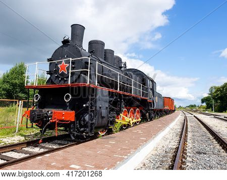 Belev, Russia - August 04, 2019: Locomotive From An Old Fashioned Steam Train Near Belev Station.