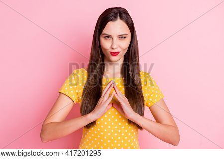 Photo Of Young Attractive Woman Cunning Tricky Have Plan Idea Isolated Over Pastel Color Background