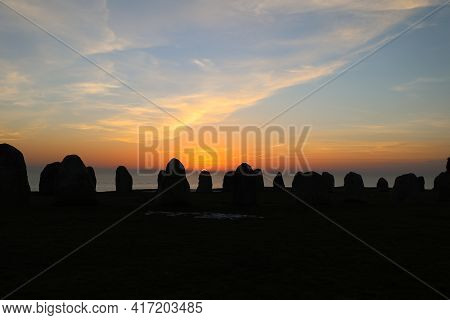 Sunset At Ales Stenar Megalithic Monument In Kaseberga, Scania, Sweden