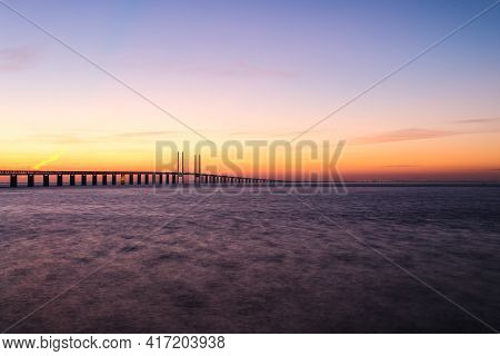 Long Exposure Sunset At The Oresund Bridge Limhamn Viewpoint