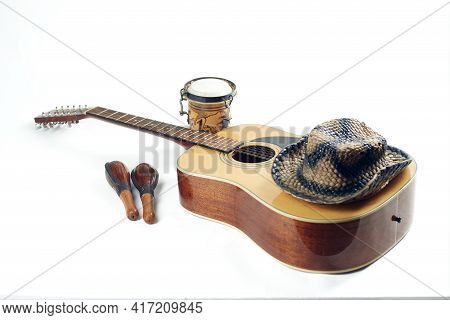 Acoustic Twelve String Guitar Maracas Bong Hat Isolated On White Background