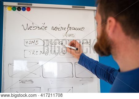 UI UX designer drawing new website wireframe
