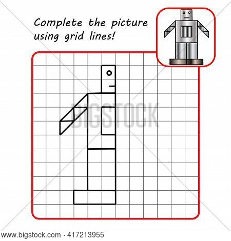 Educational Game For Kids. Simple Exercise. Robot Drawing Using Grid. Symmetrical Drawing. Vector Il