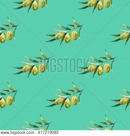 Seamless Pattern With Olive Branches And Olives. Watercolor Hand Drawing