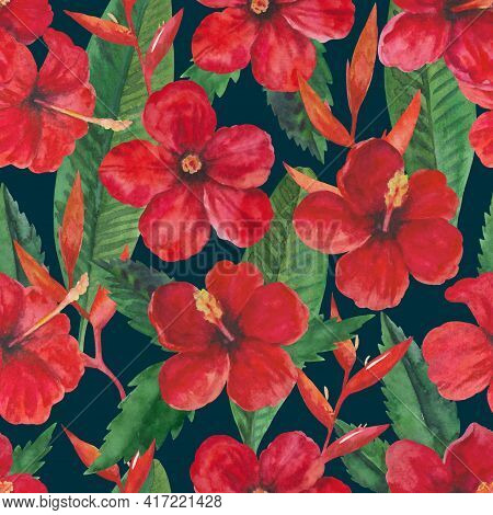 Tropical Seamless Pattern With Red Hibiscus Flowers And Leaves. Watercolor Illustration.