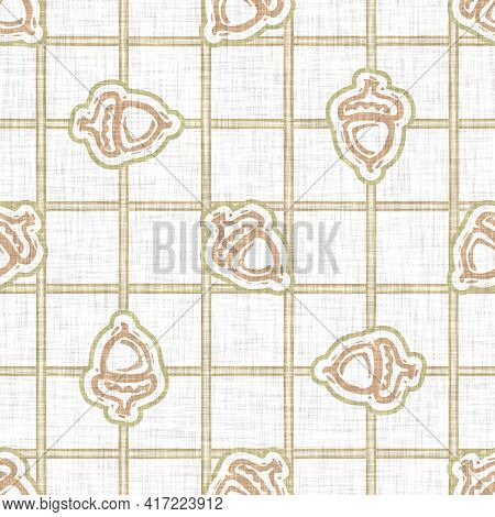 Seamless Linen Acorn Blockprint Pattern Background. Calm Pale Tonal Pastel Color Wallpaper. Simple M