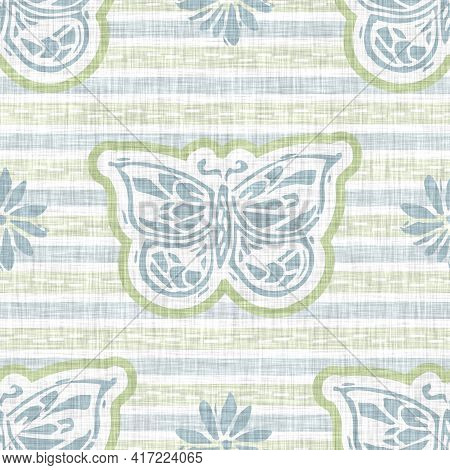 Seamless Linen Butterfly Blockprint Pattern Background. Calm Pale Tonal Pastel Color Wallpaper. Simp