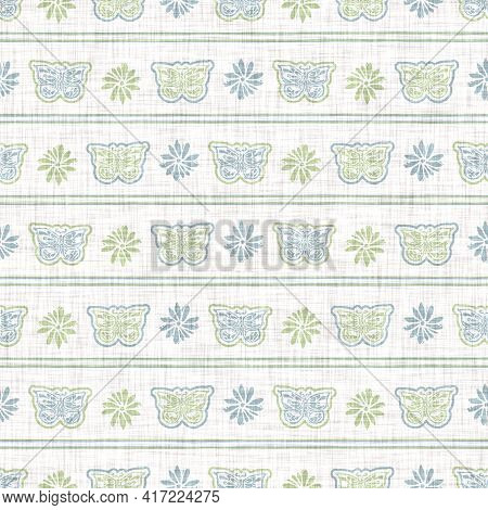 Seamless Linen Butterfly Blockprint Pattern Background. Calm Pale Tonal Pastel Color Wallpaper. Simp