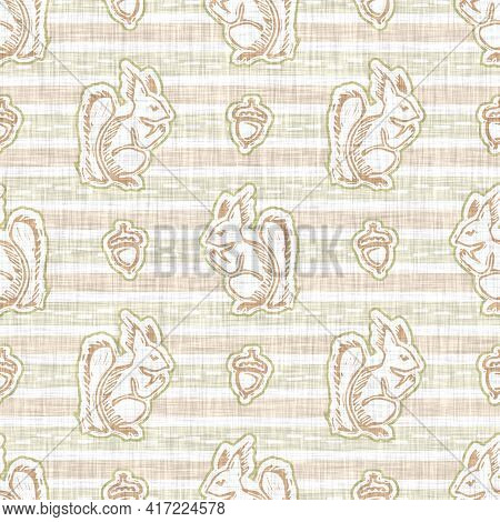 Seamless Linen Squirrel Blockprint Pattern Background. Calm Pale Tonal Pastel Color Wallpaper. Simpl