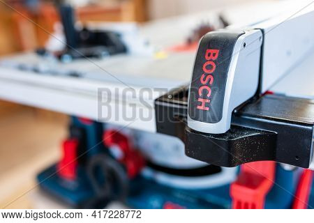 Miercurea Ciuc, Romania- 17 April 2021: Bosch Gts 10 Xc Professional Table Saw In A Small Woodworkin