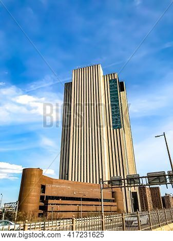 Exterior Of High Rise Skyscraper Behind The Murry Bergtraum High School Building In New York City On