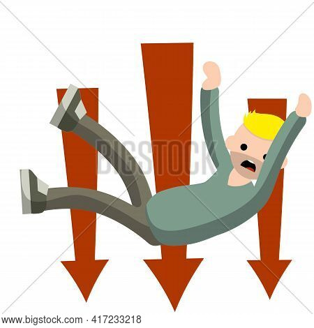 Man Fall Down. Red Arrow. Frightened Guy In Distress. Flying And Crashing From Height. Cartoon Flat 