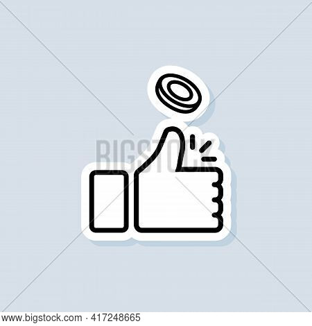 Heads Or Tails Sticker. Coin Flipping. Thumb Up Icon. Vector On Isolated Background. Eps 10.
