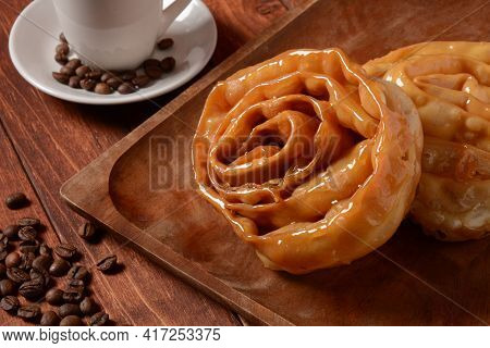Fresh Baked Chebakia For Ramadan. Chebakia Moroccan Pastries. Made Of Strips Of Dough Rolled To Rese