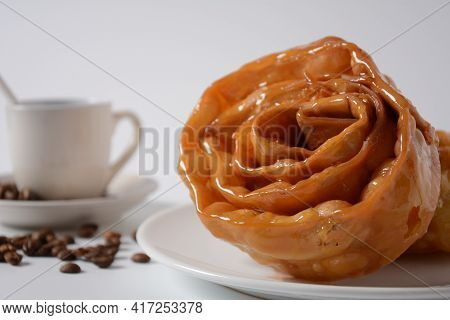 Fresh Baked Chebakia For Ramadan. Chebakia Moroccan Pastries. Made Of Strips Of Dough Rolled To Rese