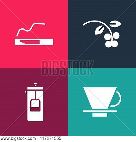 Set Pop Art V60 Coffee Maker, French Press, Coffee Bean, Branch And Cigarette Icon. Vector