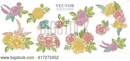 Flower Bouquet Of Pastel Poppy Flower, Gerbera, Sunflower, Milkweed, Dahlia, Veronica Stock Illustra