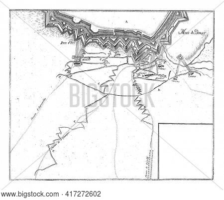 Map with the Allied attacks on Douai, vintage engraving.