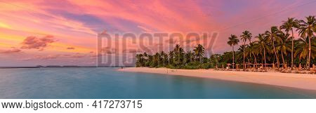 Beautiful Tropical Sunset Scenery, Seaside, Shore, Coastline With Palm Tree. White Sand, Sea View Wi