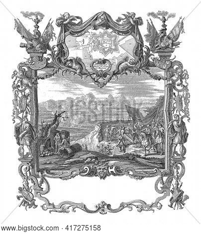 Conquest of Milan Castle, 1707, vintage engraving.