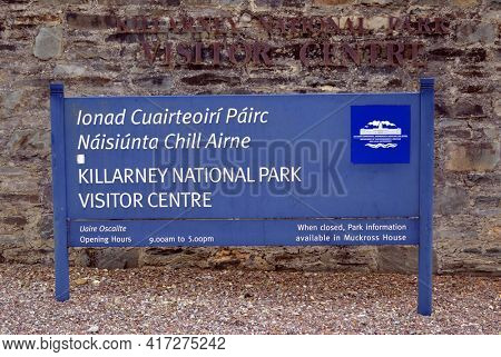 KILLARNEY, IRELAND - MAY 15, 2011: Sign at Killarney National Park, Irelands oldest National Park,  includes the Lakes of Killarney, as well as mountains and woodlands.
