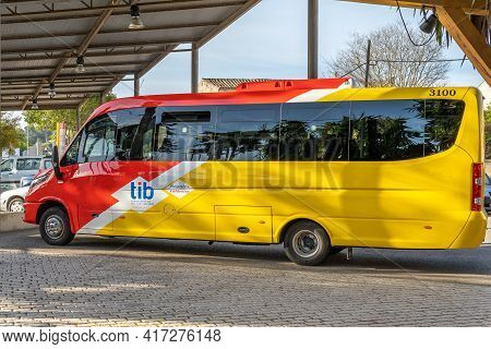 Sineu, Spain; April 14 2021: Bus Of Line Of The Island Of Majorca That Unites The Towns With The Cap