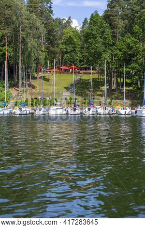 Masuria, Poland - June 24, 2020: A Typical Yacht Marina On The Masurian Lakes, Yachts Moored At The 