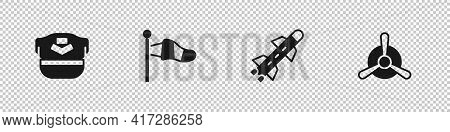 Set Pilot Hat, Cone Meteorology Windsock, Rocket And Plane Propeller Icon. Vector