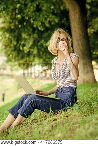 Girl Laptop Outdoors. Being Outdoors Exposes Workers To Fresher Air And Environmental Variations Mak