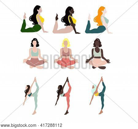 Set Young Girl Yoga Posing. Flat Style Illustration. American-african Wonem, Azia Women