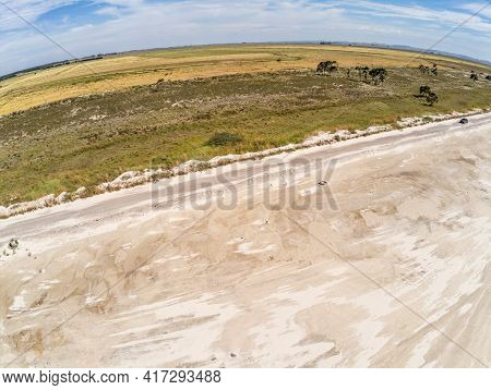 Aerial View Of Sand And Farm Fields In Lagoa Dos Barros Lake